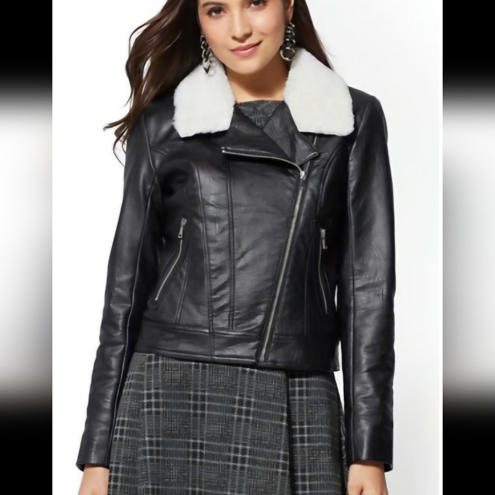 New York & Company Faux Leather Shearling Moto Jacket. Size Large